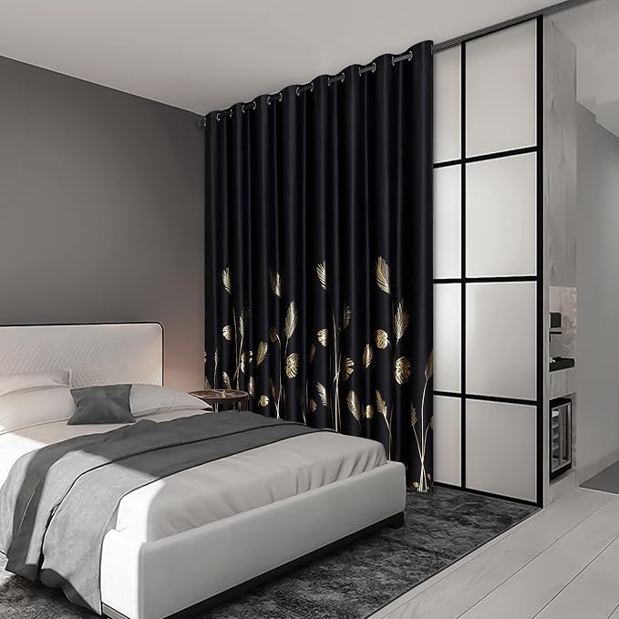 Wide Blackout Curtain for Sliding Door 100W x 96L Inch Gold Print Palm Thermal - Image 2