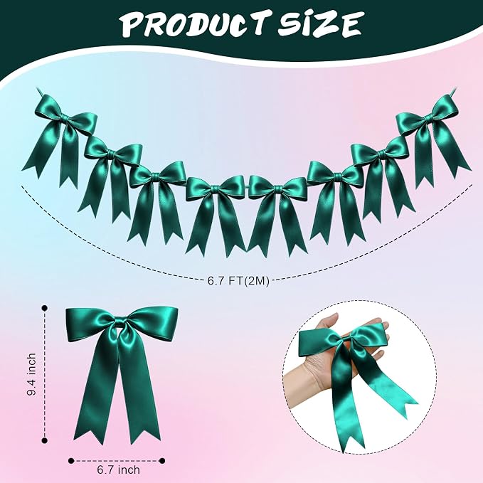1 String of 8PCS Dark Green Bow Garland Banner Decoration, Pre-Strung Satin - Image 2