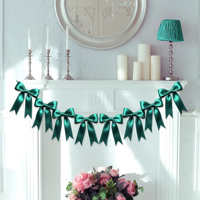 1 String of 8PCS Dark Green Bow Garland Banner Decoration, Pre-Strung Satin - Image 7