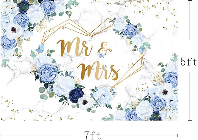 AIBIIN 7x5ft Blue Mr and Mrs Wedding Backdrop, Floral Hearts Geometric | Blue - Image 3