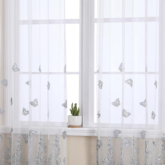 White Sheer Voile Curtains Blue Embossed Butterflies 54Wx84L Inch | Light - Image 3