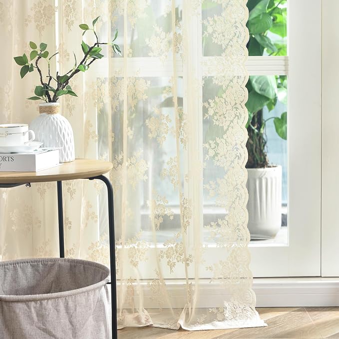 Kotile Beige Lace Curtains for Living Room Floral 52 x 80 Inch, 2 Panels | Rod by Kotile+Curtains