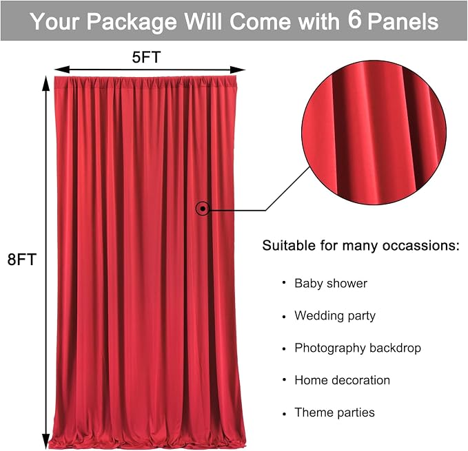 Outpain 30 ft x 8 ft Red Backdrop Curtain Panels, 6 Panels 5 ft x 8 ft Wrinkle - Image 5