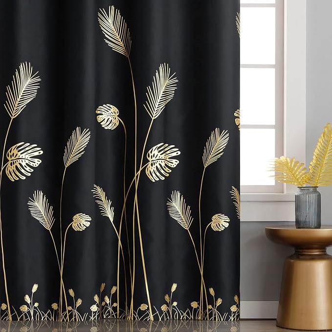 Wide Blackout Curtain for Sliding Door 100W x 96L Inch Gold Print Palm Thermal - Image 3