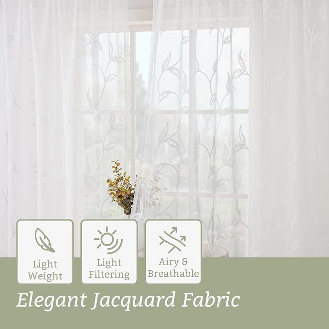 White Sheer Curtains Boho Leaf Floral Embroidered 54Wx96L | Light Filtering - Image 4