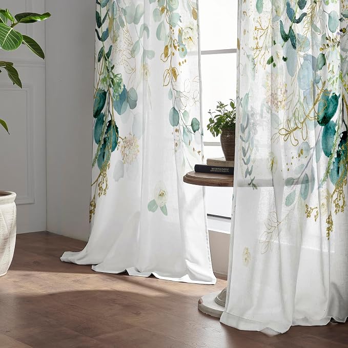 Gold Green Curtains 84 Inches Long Sage Green Leaves Light Filtering Curtain - Image 4