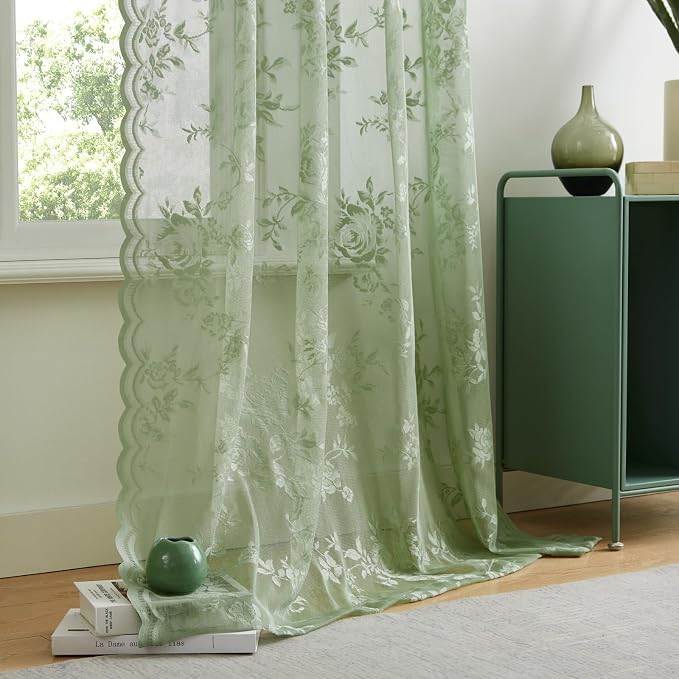 Light Green Lace Curtains 72 Inch Length Country Rustic Floral Sheer Curtains - Image 6