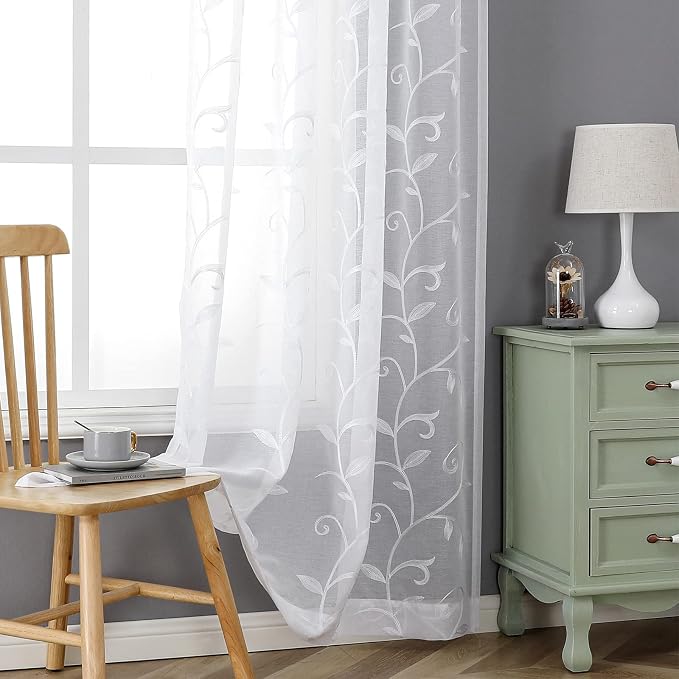 White Sheer Curtains Embroidered Leaves 2 Panels 54Wx72L | Light Filtering - Image 5