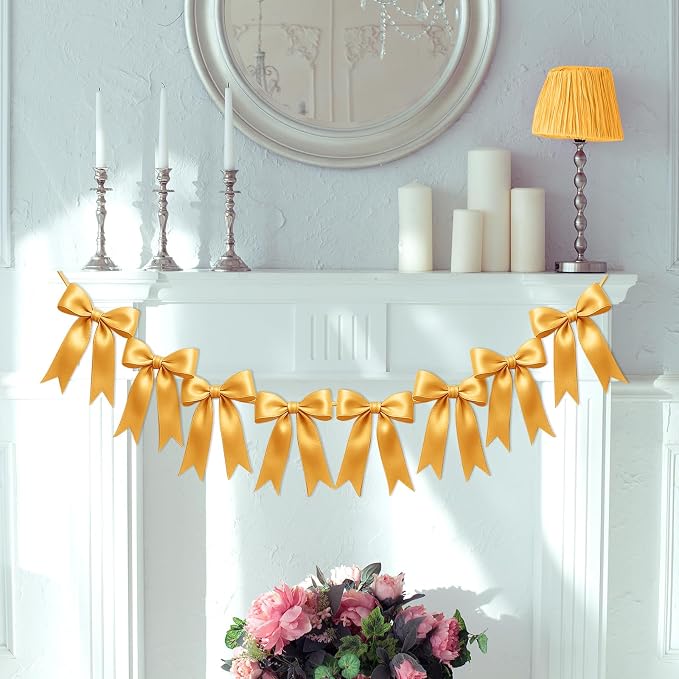 2 Strings of 16PCS Golden Bow Garlands Banner Decoration, Pre-Strung Satin - Image 5