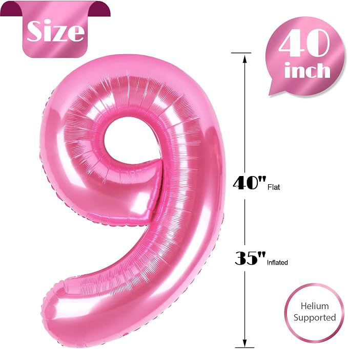 Pink Number 9 Balloon 40 Inch, 9th Birthday Party Decorations Men Women | Foil - Image 6