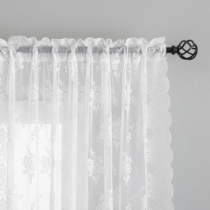 Kotile White Vintage Sheer Lace Curtains Rustic Floral 42x54 Inch, 2 Panels | - Image 3