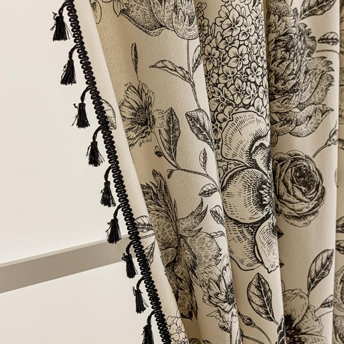 F-CHU Black Floral Farmhouse Curtains Living Room Drapes 84 Inch Length Cotton by F-CHU