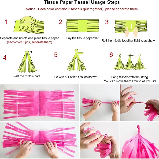 Black Pink and Green Tissue Paper Tassels Party Tassel Garland Banner - Image 3