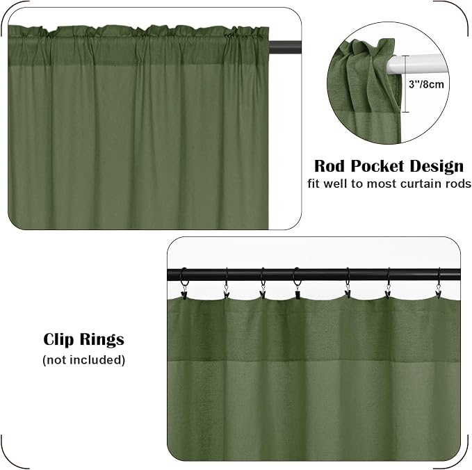 Farmhouse Valance Curtains, Boho Cotton Linen Kitchen Valance, Olive Green - Image 8