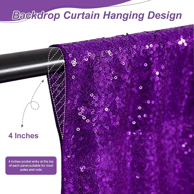 Purple Sequin Backdrop Curtain 4 Pcs 2ftx8ft Sparkly Glitter Wedding Party - Image 4
