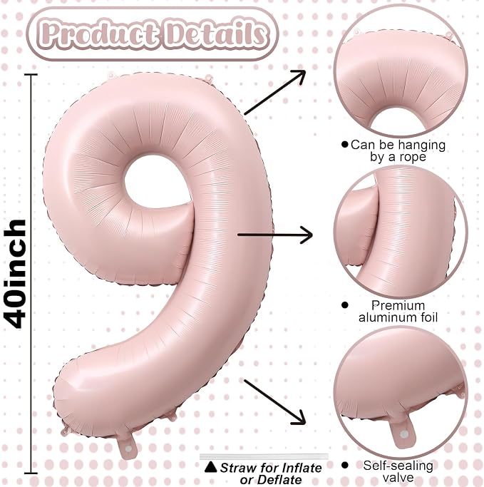 40'' Pink Number Balloon 9, Self Inflating Retro Dusty Pink Foil Number - Image 2