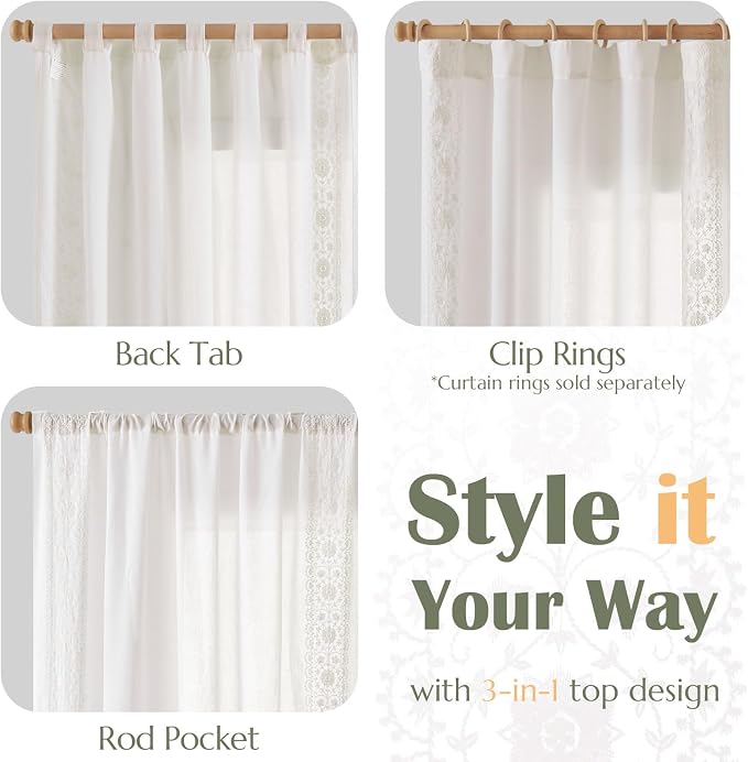 jinchan Floral Linen Curtains Embroidered Back Tab 50x96in 2 Panels White | - Image 7