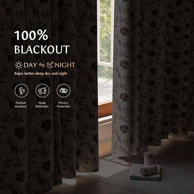 Beauoop Floral 100% Blackout Curtains Bedroom Green Brown 52x54 2 Panels | Rose - Image 2