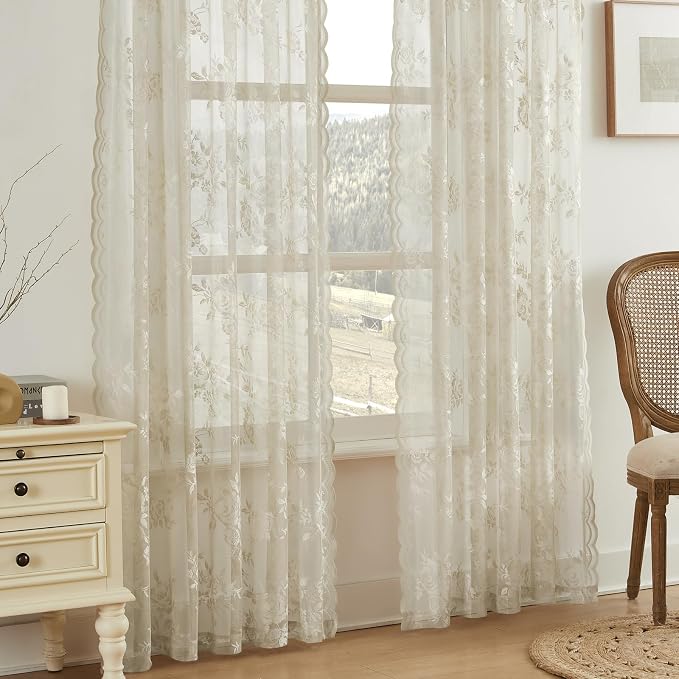 Khaki Lace Curtains 54 Inch Length 2 Panels Set Country Taupe Floral Curtains - Image 3