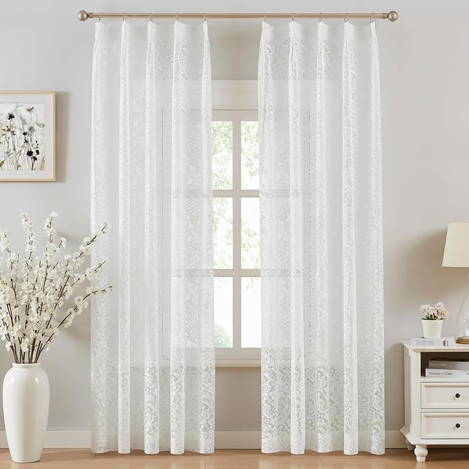 Bujasso White Lace Pinch Pleat Curtains 108 inch, Vintage Floral Sheer Drapes by Bujasso