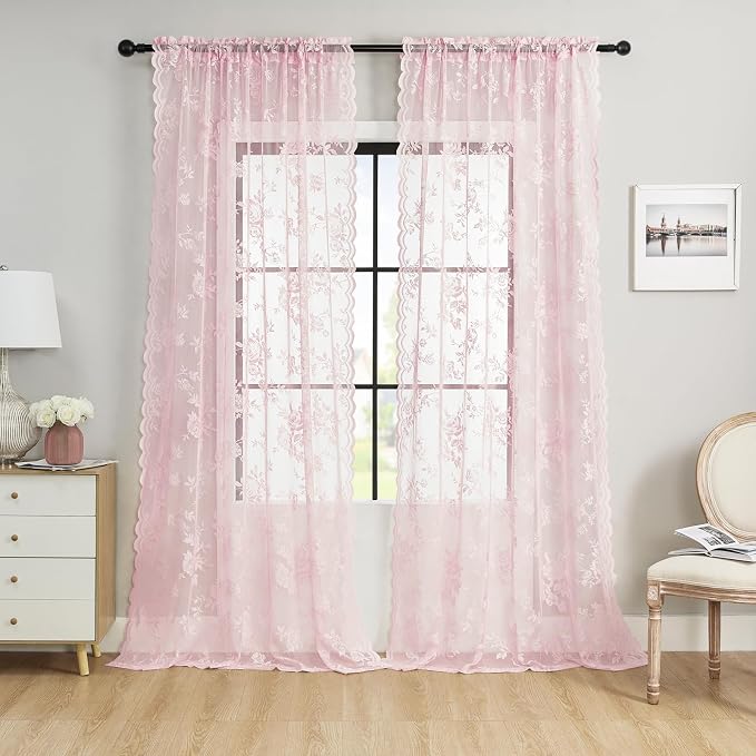 72 Inch Pastel Pink Lace Curtains 2 Panels Rod Pocket Big Flower Embroidery - Image 2