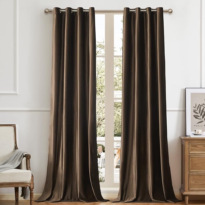 Velvet Brown Grommet Blackout Curtains 84 inch Length by ModernShinyVelvetCurtains