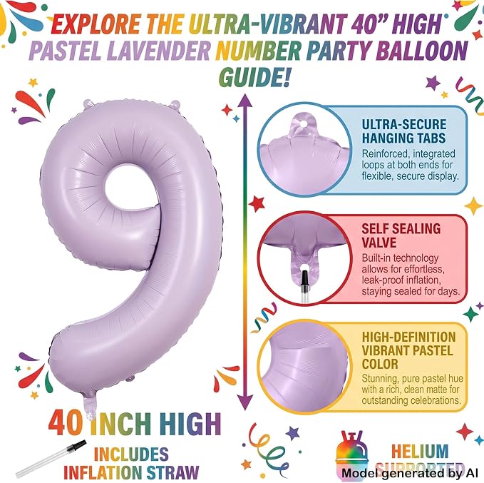 40" Pastel Purple Foil Number 9 Balloon - Image 2