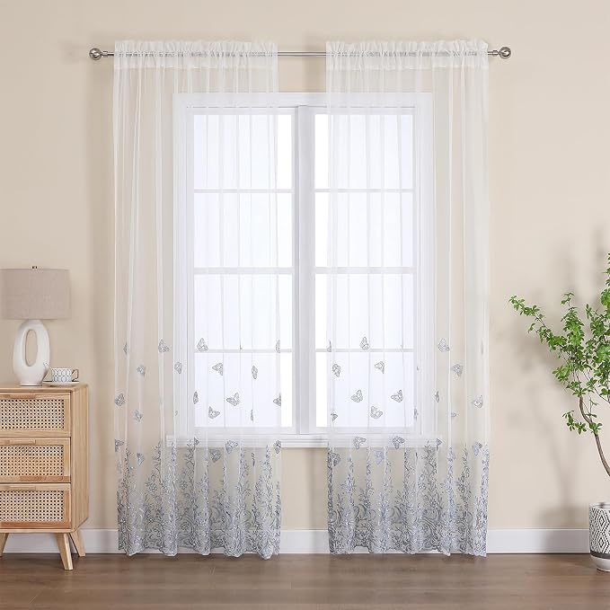 White Sheer Voile Curtains Blue Embossed Butterflies 54Wx84L Inch | Light - Image 2