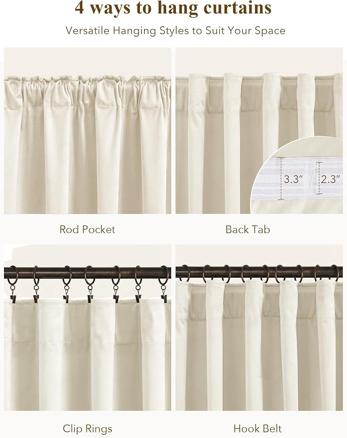 Ivory White Velvet Curtains for Nursery Back Tab, W52 x L108, Elegant Decor - Image 2