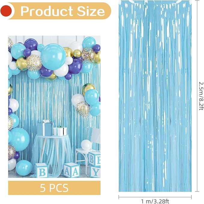 5 Pack Blue Foil Curtain Backdrop 3.2ft x 8.2ft Tinsel Foil Fringe Curtains - Image 3