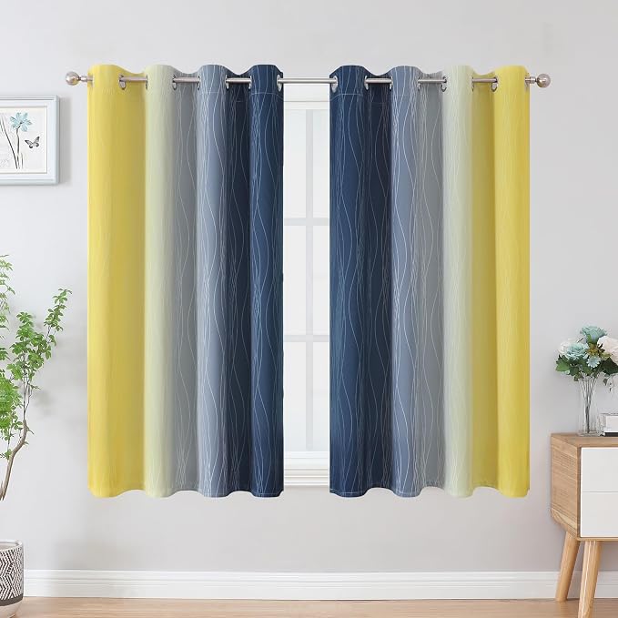 Navy Blue and Yellow Blackout Curtains 54 Inch Length, Full Light Blocking - Image 2
