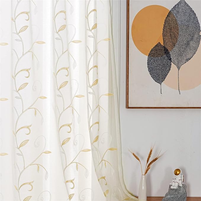 White Sheer Curtains Beige Embroidered Leaves 2 Panels 54Wx120L | Light by VISIONTEX