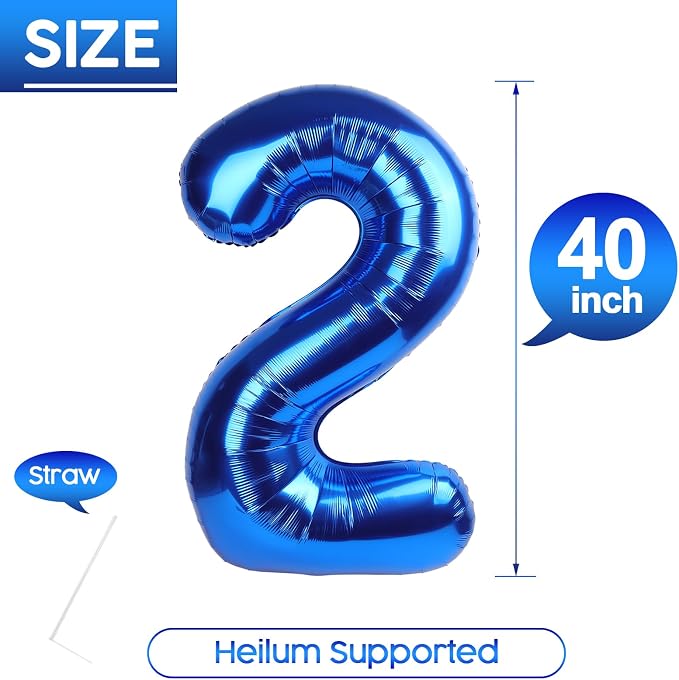 2 Balloon - Metallic Blue Birthday Number Balloons, 40 Inch Decorations | - Image 5