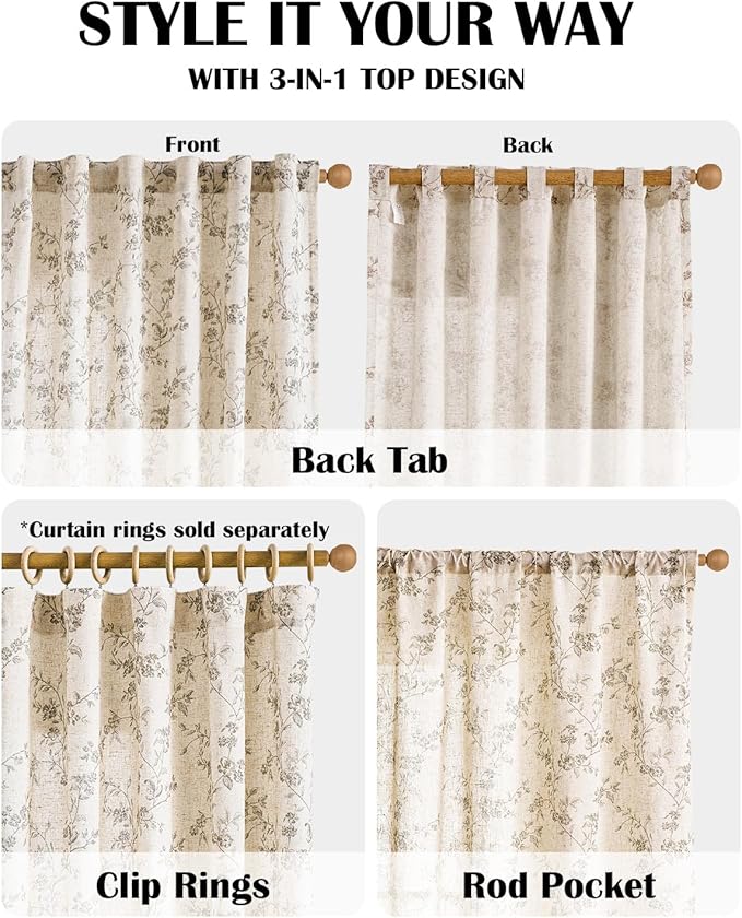 Grey Vintage Floral Linen Curtains Farmhouse 38W X 63L 2 Panels | Elisa Series - Image 4