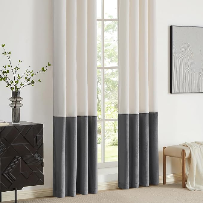 BULBUL Color Block Window Curtains Panels 108 inches Long Cream Ivory Grey - Image 4