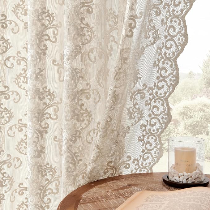 FOLKSIDE Khaki Lace Curtains 72 Inches Long 2 Panels Victorian Floral Sheer by FOLKSIDEHomeDecoration