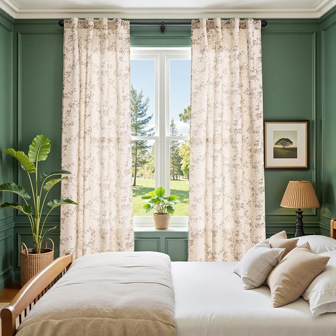jinchan Taupe Floral Linen Curtains 84 Inch Farmhouse Back Tab 2 Panels | Taupe - Image 4