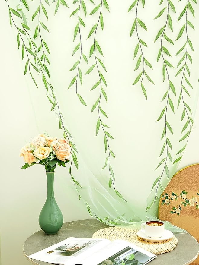 Willow Voile Curtains Cute Green Sheers Leaf Tulle Vine Window Sheers Ivy - Image 5