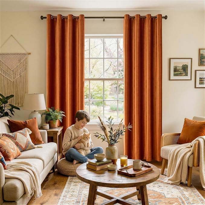 Velvet Burnt Orange Blackout Curtains 108 inch Length - Image 2