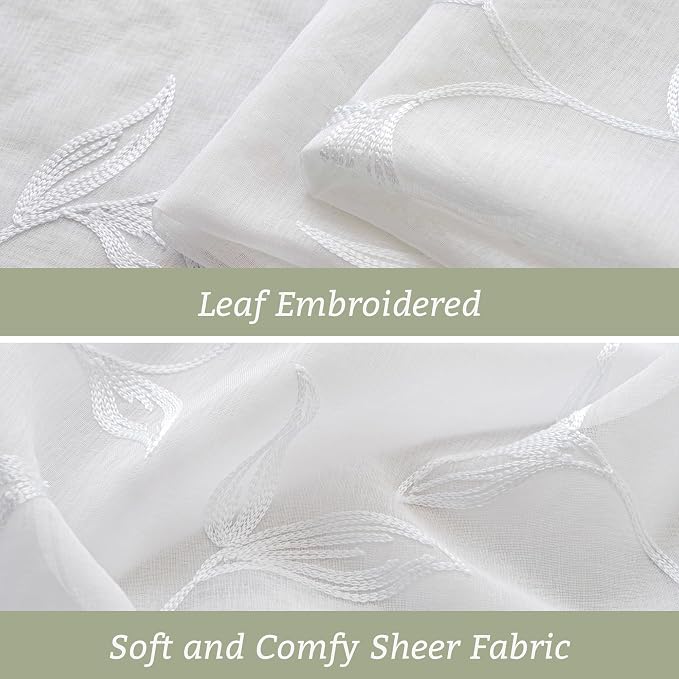Sheer Kitchen Cafe Curtains Embroidered Leaf Pattern White 54x16 | Light - Image 3
