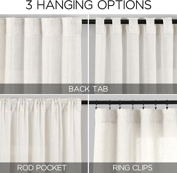 Beige White Linen Curtains for Living Room 92 Inches Long Back Tab and Rod - Image 2