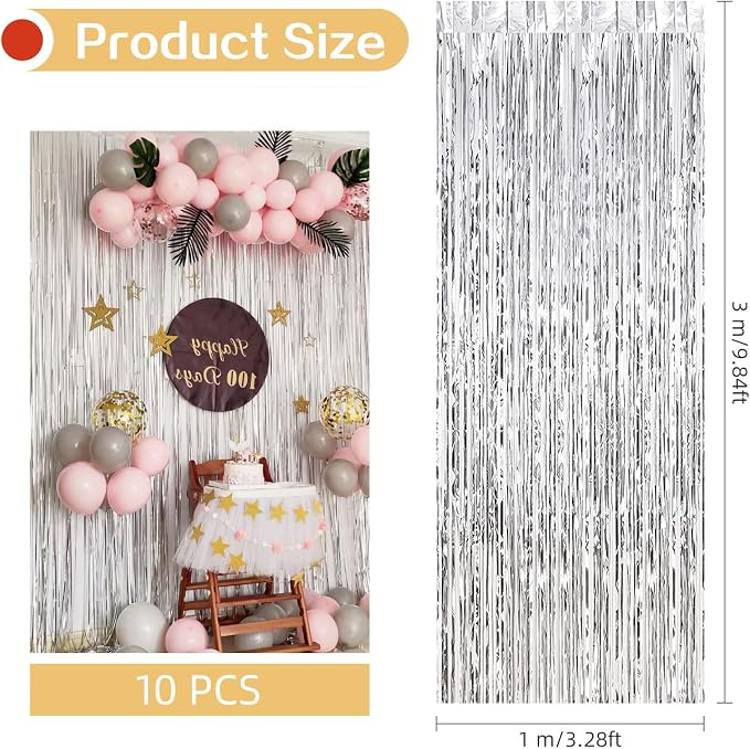 10 Pack Silver Foil Curtain Backdrop 3.2ft x 9.8ft Metallic Tinsel Foil Fringe - Image 3