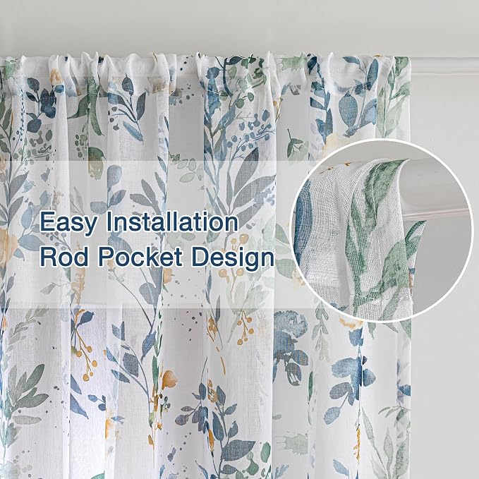 MYSKY HOME Yellow and Blue Floral Sheer Kitchen Curtains 45 Inch Length | Light - Image 3