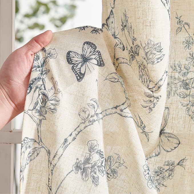 Blue Floral Linen Curtains Farmhouse Rod Pocket 50W X 84L 2 Panels | Charlotte - Image 5