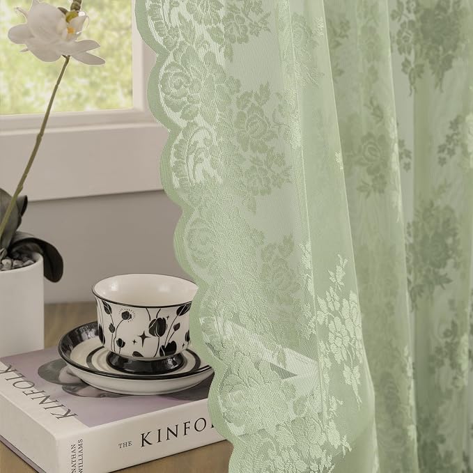 Kotile Sage Green Floral Sheer Curtains - Image 4