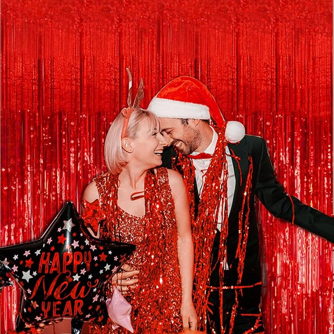 20 Pack Foil Curtain Backdrop Red Metallic Tinsel Foil Fringe Curtains Photo - Image 5