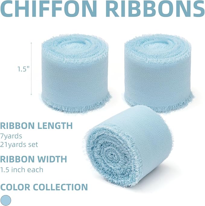 KEOSREE 3 Rolls Light Blue Handmade Chiffon Ribbon, 1.5" x 21Yd Frayed Fringe - Image 2