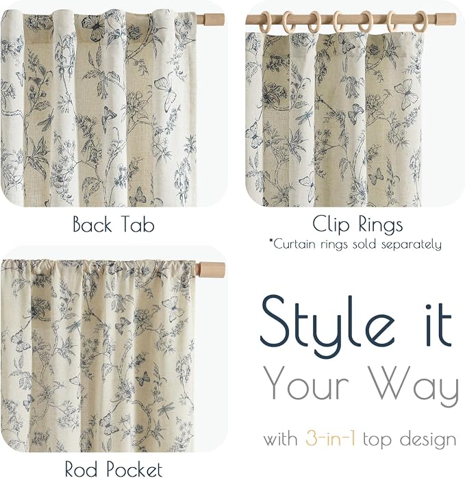 Blue Floral Linen Curtains Farmhouse Rod Pocket 50W X 84L 2 Panels | Charlotte - Image 7