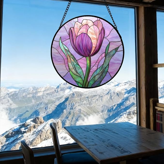 DASTOLL Stained Glass Window Hanging Purple Tulips Flower Large 15" - Image 3