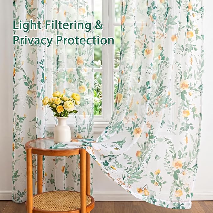 MYSKY HOME Green Sheer Floral Curtains 90 Inch Length - Image 4